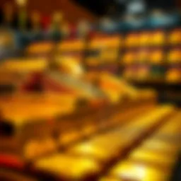 Gold bars stacked in a display