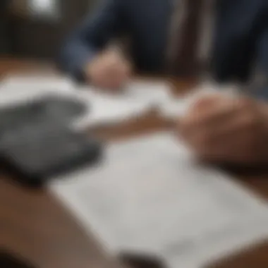 A person analyzing documents with a calculator, contemplating banking choices.