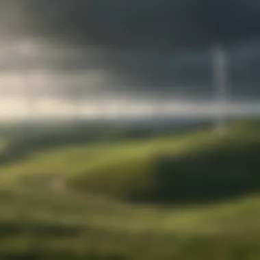 Wind turbines spinning in a vast green landscape