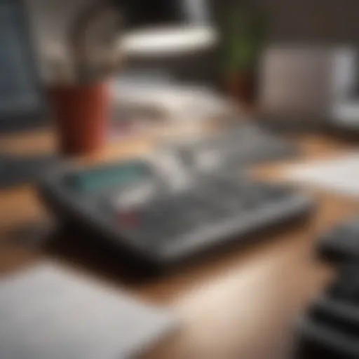 A well-organized workspace with tax documents and a calculator.