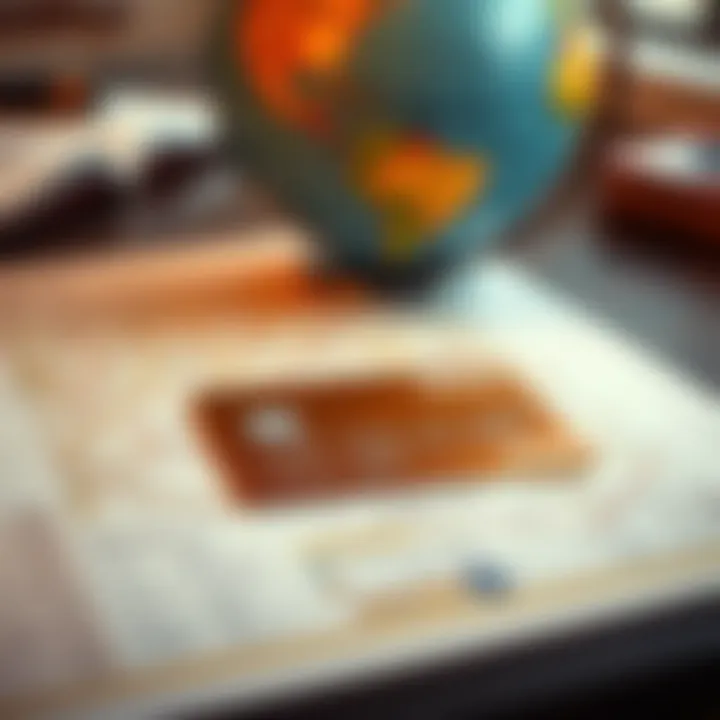 An elegant credit card placed on a travel itinerary with a globe in the background