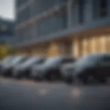 Business fleet vehicles parked in front of a corporate building