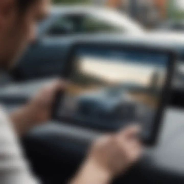 A close-up of a person analyzing car value data on a tablet.