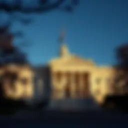 A detailed illustration of the U.S. Treasury building showcasing its architectural grandeur